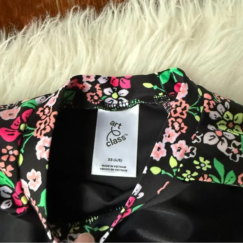 Girls Floral Swimsuit with Rashguard Black & Pink